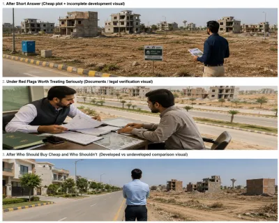 A property buyer compares a developed residential area with an undeveloped housing society while reviewing plots and property documents.