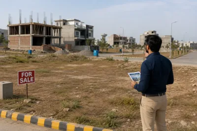 A buyer inspects an empty plot in a partly developed Islamabad housing society, surrounded by incomplete houses, construction work, and developing infrastructure.