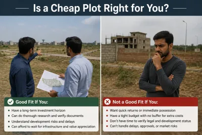 Split-screen image showing two potential outcomes of buying a cheap plot: informed buyers reviewing a site plan and inspecting land on one side, and a concerned buyer facing an unfinished development on the other.