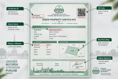 What a Green Property Certificate contains — QR code, khasra and khewat numbers, GPS boundary and PLRA digital signature