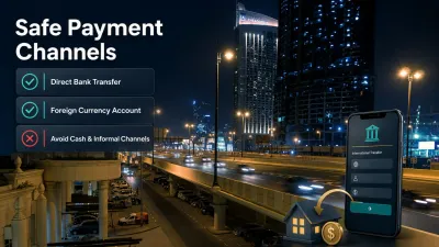 Safe payment channels infographic showing bank transfers, foreign currency accounts and informal payment risks for overseas property buyers