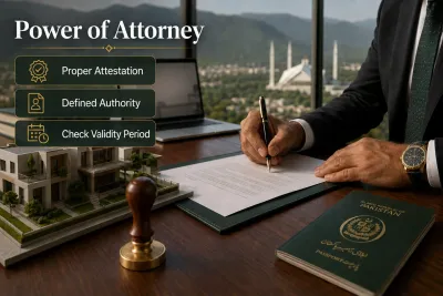 Power of attorney infographic showing proper attestation, defined authority and validity period for overseas property buyers