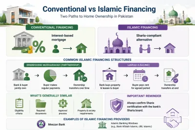 Infographic comparing conventional and Islamic home financing in Pakistan, including interest-based mortgages, diminishing Musharakah, Ijarah, and common eligibility requirements.