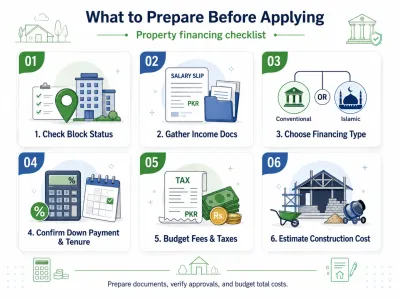 Infographic checklist showing six things to prepare before applying for property financing: block status, income documents, financing type, down payment and tenure, fees and taxes, and construction cost.