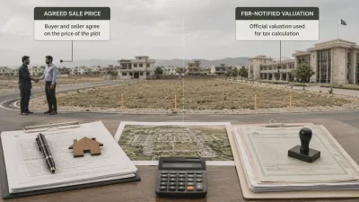 Buyer and seller agreement compared with FBR-notified property valuation for an Islamabad plot, showing two different value references used in a property transaction.