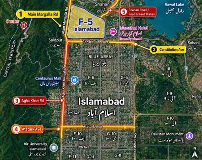 Detailed satellite-style map of central Islamabad with F-5 highlighted in yellow and major surrounding roads labelled, including Main Margalla Road, Constitution Avenue, Agha Khan Road, Atatürk Avenue and Shahan Road.