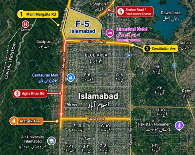 Detailed satellite-style map of Islamabad showing the F-5 sector and five highlighted access roads: Main Margalla Road, Constitution Avenue, Agha Khan Road, Ataturk Avenue, and Shahan Road.