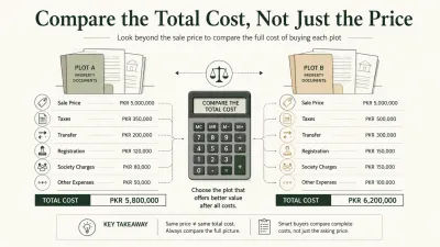 Side by side comparison of the total buying costs of two plots, including taxes and transfer charges.
