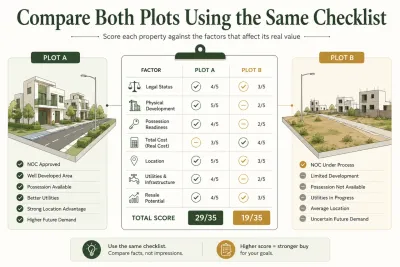 Side-by-side checklist comparing Plot A and Plot B across legal status, development, possession, total cost, location, utilities, and resale potential.
