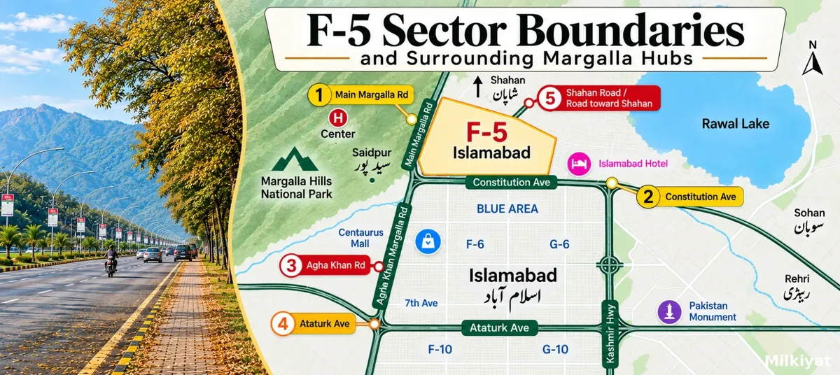F-5 Sector Boundaries and Surrounding Margalla Hubs