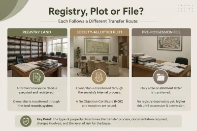Editorial infographic comparing registry land, society-allotted plots, and pre-possession files, showing their different property transfer routes and documentation requirements.
