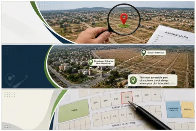 Aerial housing scheme, satellite map, and layout plan showing how to verify a plot’s exact location before paying a token.
