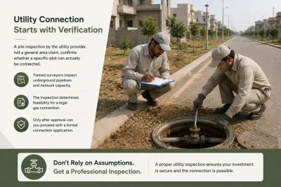 Utility inspection team checking pipeline infrastructure on a housing scheme street .