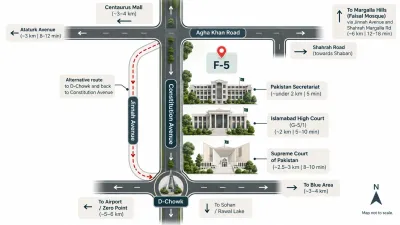 Route diagram for directions from F-5 Islamabad to Islamabad High Court along Constitution Avenue, with the Jinnah Avenue alternative route