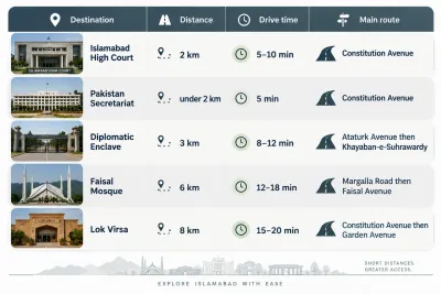 Table of distances and drive times from F-5 Islamabad to the High Court, Secretariat, Diplomatic Enclave, Faisal Mosque and Lok Virsa