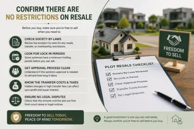 Infographic showing key checks for resale restrictions, including society by-laws, lock-in periods, approval process, transfer costs, and legal disputes.