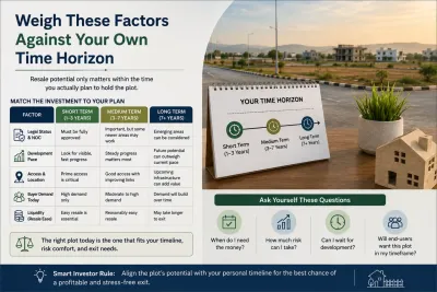 Infographic showing how plot investors should match legal status, development, access, demand, and resale potential with their short-, medium-, or long-term investment horizon.