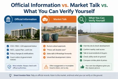 Comparison of official property information, market talk, and facts investors can verify themselves when evaluating a plot.