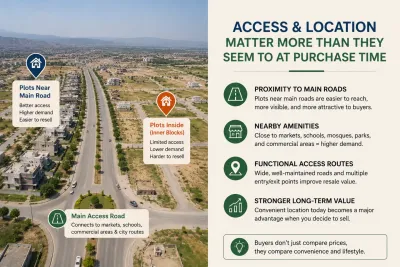 Aerial view of a developing housing scheme showing plots near a main access road and less-accessible inner plots.