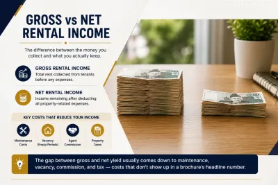 Two stacks of currency representing the difference between gross and net rental income
