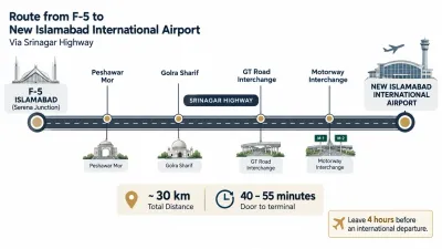 Route strip showing how far F-5 Islamabad is from New Islamabad Airport — 30 km along Srinagar Highway with 40 to 55 minute drive time