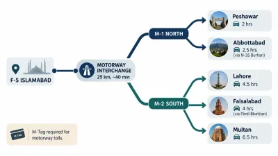 Fan diagram of motorway drive times from F-5 Islamabad via the M-1 and M-2, showing Lahore, Peshawar, Abbottabad, Faisalabad and Multan