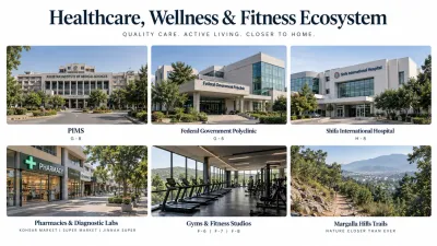Six-panel guide to hospitals, pharmacies, gyms and Margalla Hills trails.