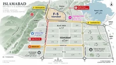 Map graphic showing F-5 Islamabad boundaries with Margalla Road, Ataturk Avenue, Jinnah Avenue and the Red Zone