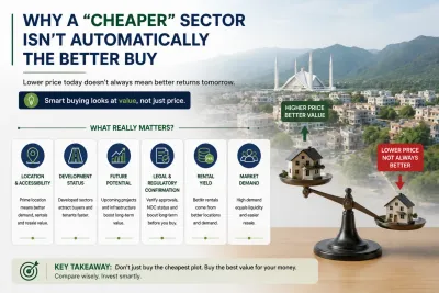 Infographic explaining why a cheaper Islamabad sector is not always the better property investment, highlighting location, development, future potential, legal status, rental yield and market demand.