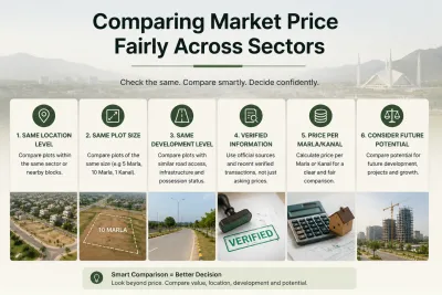 Infographic showing key factors for fairly comparing real estate market prices across different sectors, including location, plot size, development level, verified information, price per marla or kanal, and future potential.