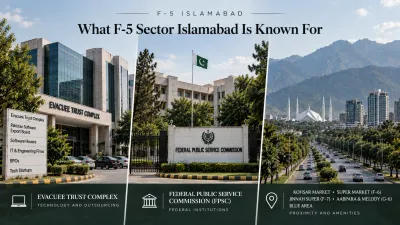 Three-panel infographic showcasing Evacuee Trust Complex, Federal Public Service Commission (FPSC), and Islamabad’s surrounding landmarks and amenities near F-5, with the Faisal Mosque and Margalla Hills in the background.
