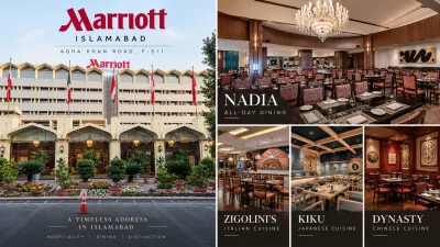 Exterior view of Islamabad Marriott Hotel in F-5/1, showing the hotel façade, entrance arches, landscaped frontage, and prominent Marriott signage.