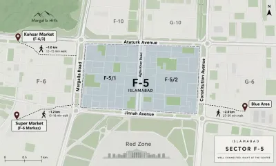 Simple map showing Sector F-5 Islamabad and the surrounding dining hubs, Kohsar Market in F-6/3, Super Market in F-6 Markaz, and Blue Area