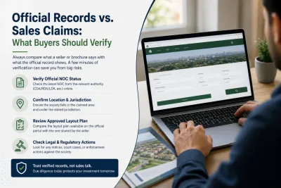Comparing official property records with sales claims, including NOC status, jurisdiction, approved layout plans, and legal actions.