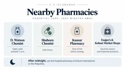 Minimal infographic showing four nearby pharmacy options and late-night hospital pharmacy guidance for F-5 Islamabad.