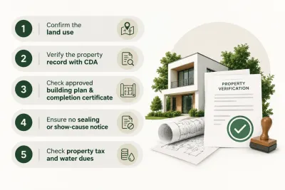 Infographic showing five steps for property verification alongside a modern house, architectural plans, verification document, and official stamp.