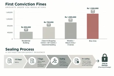 Infographic showing CDA non-conforming use fines by area category and the notice, show cause and sealing sequence