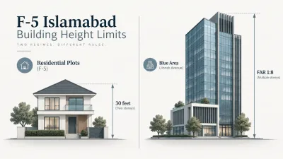 Scale comparison showing a 30-foot two-storey residential house beside a Blue Area high-rise built at 1:8 floor area ratio