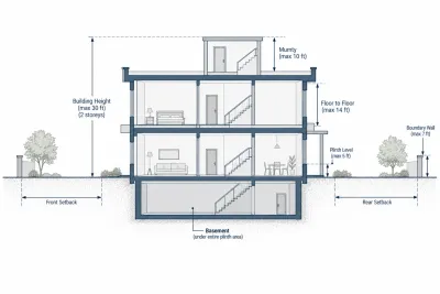 Cross-section diagram of a CDA residential building envelope showing the 30-foot two-storey height limit, 10-foot mumty, basement below plinth and front and rear setbacks