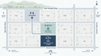 Simplified map of central Islamabad showing Sector F-5 and the CDA offices serving it in G-7/4 and G-6/1-4.