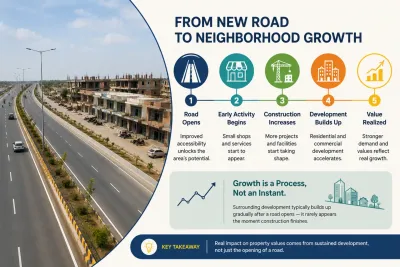 Early-stage commercial activity developing along a newly completed road corridor