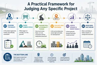 A practical six-step framework for evaluating a property project, covering approval, current progress, accessibility, area development, market demand, and risks.