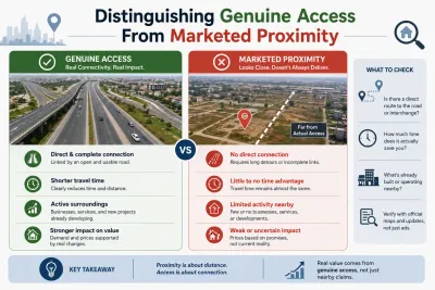 Infographic comparing genuine road access with marketed proximity, showing direct connectivity, travel-time savings, nearby development, and property value impact.