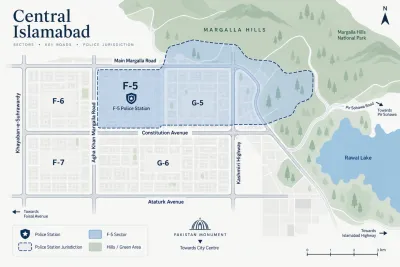 Map of the F-5 Islamabad police station jurisdiction covering F-5, G-5 and the eastern strip