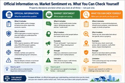 Infographic comparing official property information, market sentiment and buyer-verifiable facts to help assess real estate market conditions.