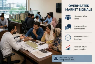 Busy real estate sales office representing high-pressure marketing sometimes seen in overheated markets