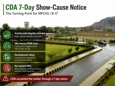 Infographic showing CDA’s 7-day show-cause notice against MPCHS in B-17, highlighting alleged amenity-plot conversion, the 18th Avenue right-of-way issue, development delays, and the absence of a revised NOC.