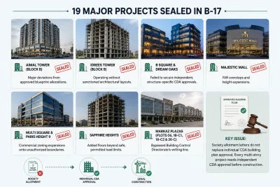 Infographic showing major B-17 commercial and high-rise projects affected by CDA action, including Aimal Tower, Idrees Tower, B Square, Dream Oaks, Majestic Mall, Multi Square, Paris Height 9, Sapphire Heights, and Markaz plazas.