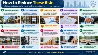 Infographic showing practical ways to reduce commercial plaza investment risks, including checking location, demand, rental yields, legal documents, tenants, costs, and building quality.