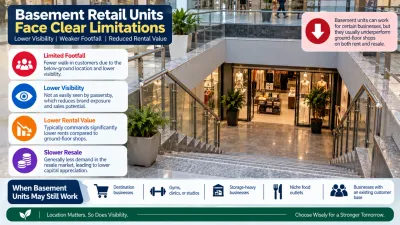 Basement-level commercial unit entrance illustrating weaker footfall exposure compared to ground-floor retail